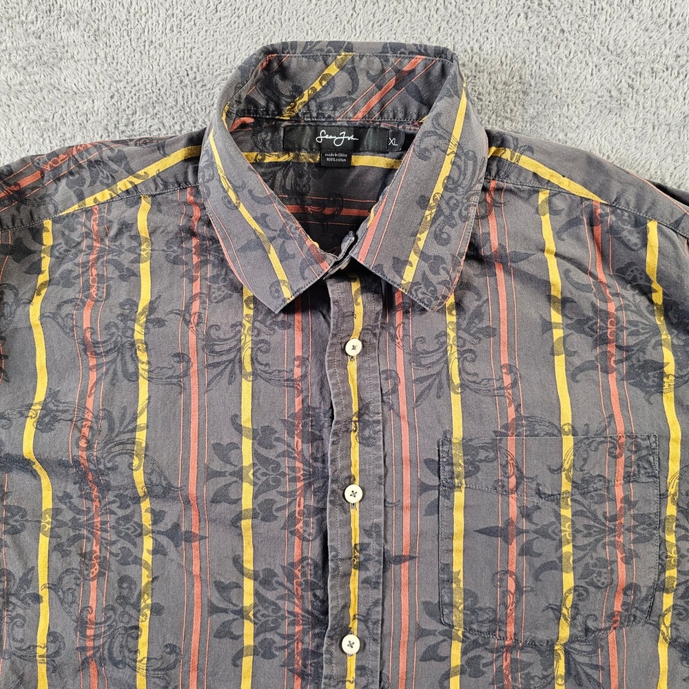 Sean John Mens XL Gray Striped Floral Damask Long Sleeve Button Down Shirt